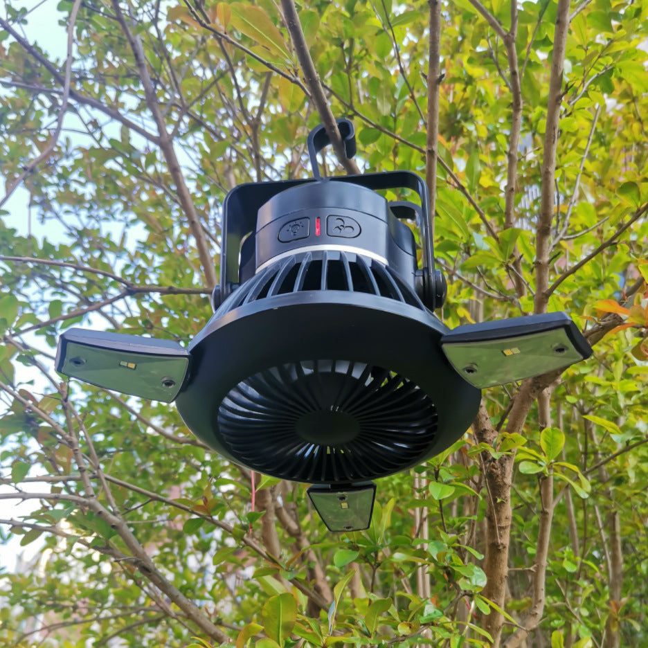 Solar Camping Fan Light | USB Rechargeable Tent Fan with Hook & Charger Travel Essentials