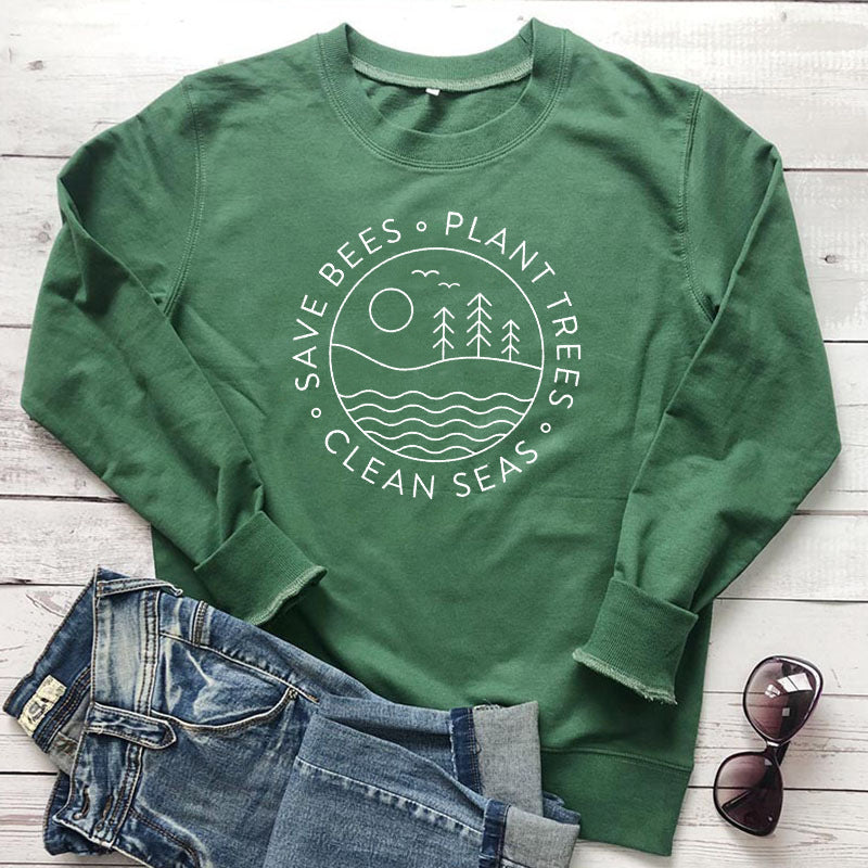 Long Sleeve Cotton Top Save Bees Plant Trees Clean Seas | Eco Travel Gift for Nature Lovers  Clothing and accessories