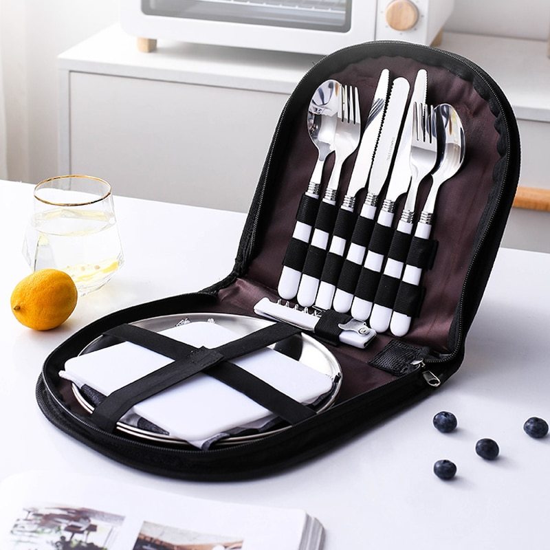 Camping Cutlery & Tableware Set with Case – Portable Dining Essentials for Camping UK Travel Essentials