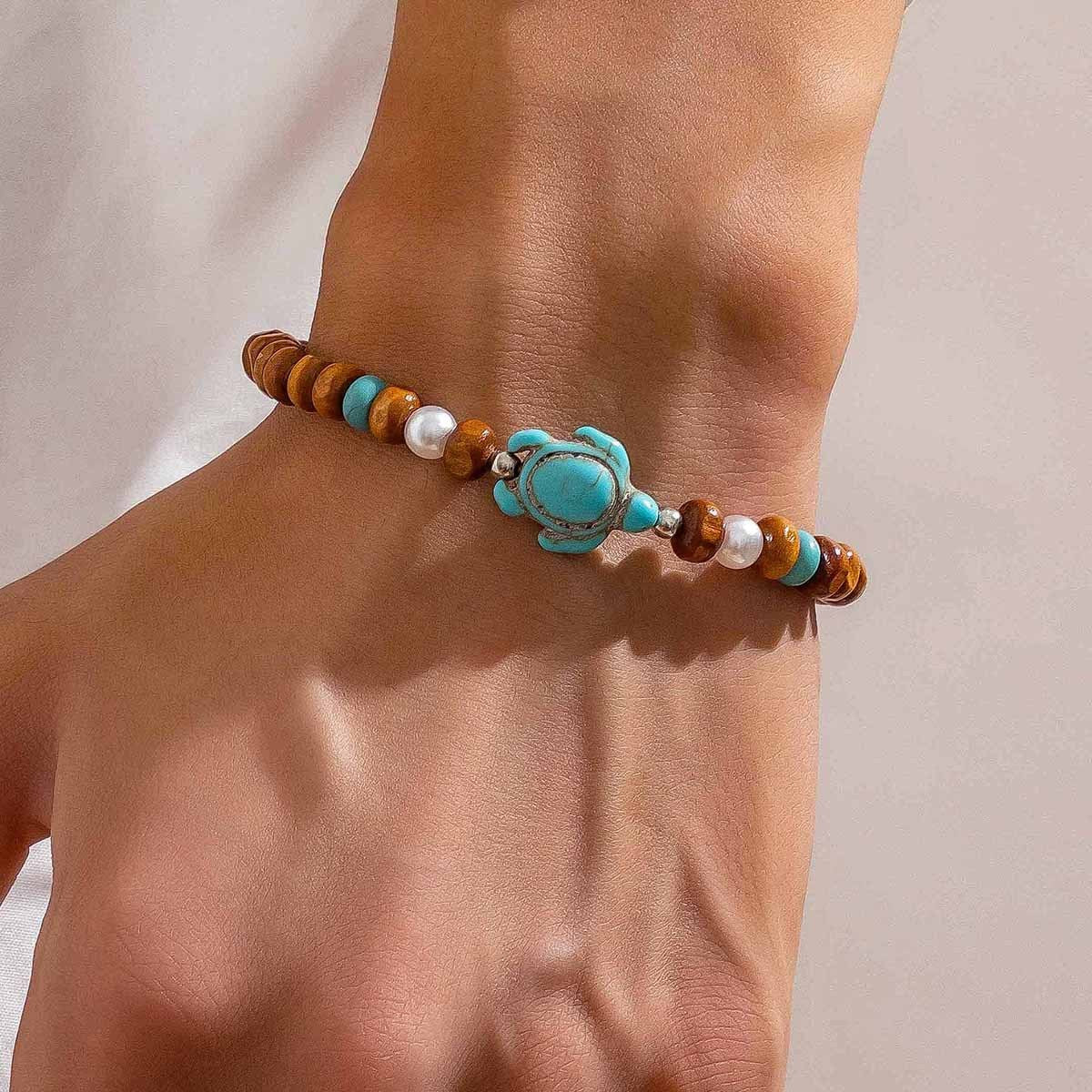 Surfer Turtle Bracelet & Necklace Set – Wooden Bead Jewellery | Travel-Inspired Gift for Sea Lovers & Beach Travellers - Travel gift