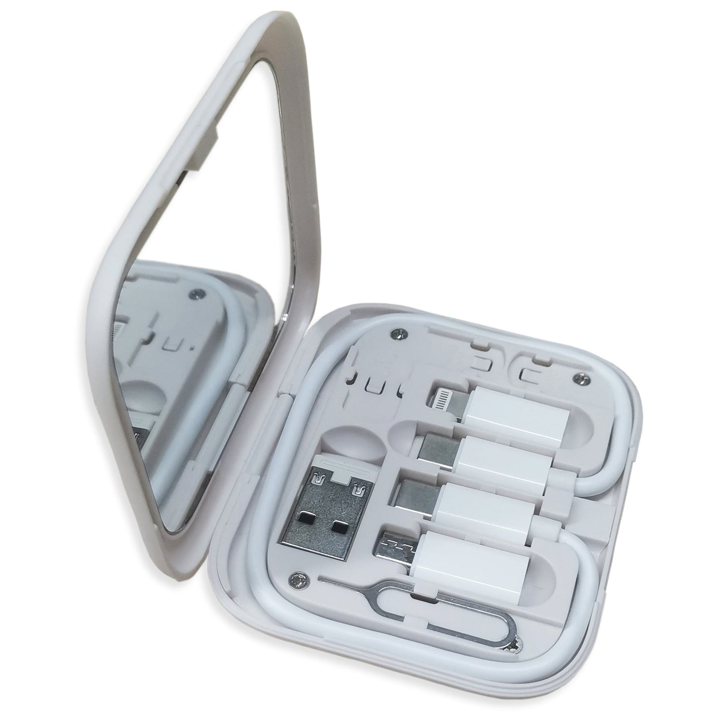 Compact Travel Mirror with Cable Organiser – USB, Type-C, Lightning & SIM Ejector | Tribe Feel Travel Gadgets
