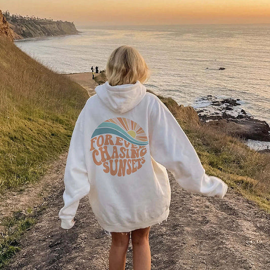 White Women’s Hoodie – Chasing Sunsets | Travel Hoodie & Gift for Women  Travel Clothing