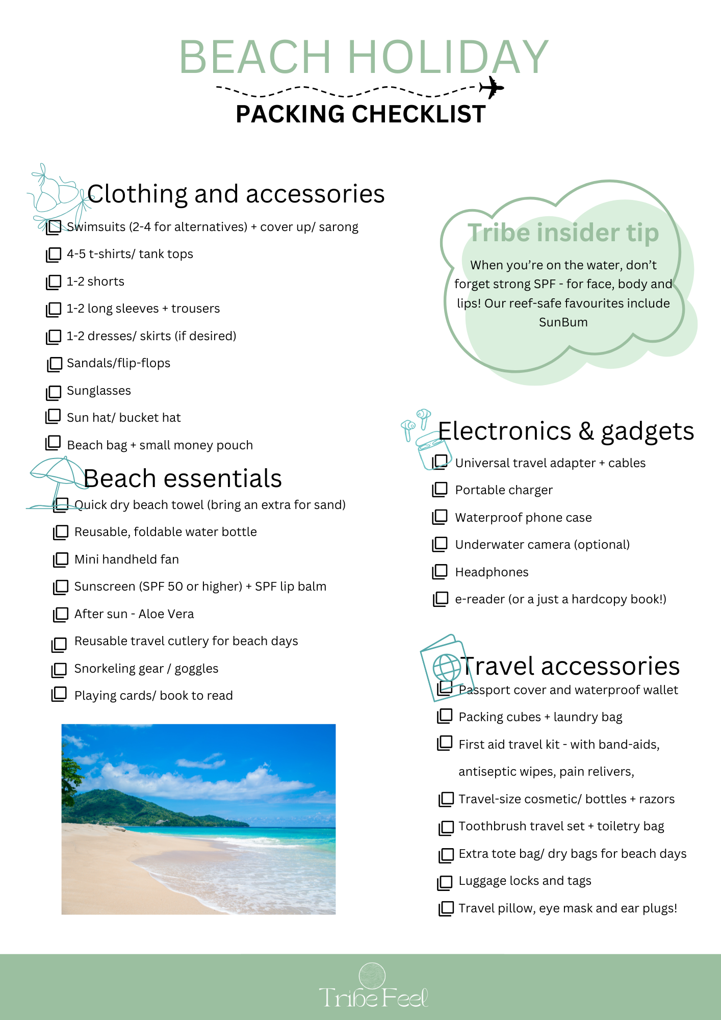 Beach holiday packing list. What to bring to the beach 2025. Free downloadable travel checklist