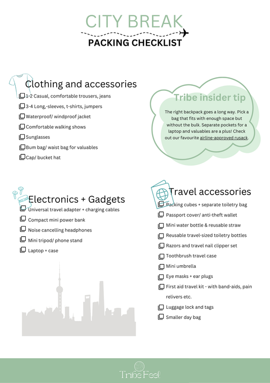 City break packing list. Weekend trip packing list UK. Free downloadable packing list.