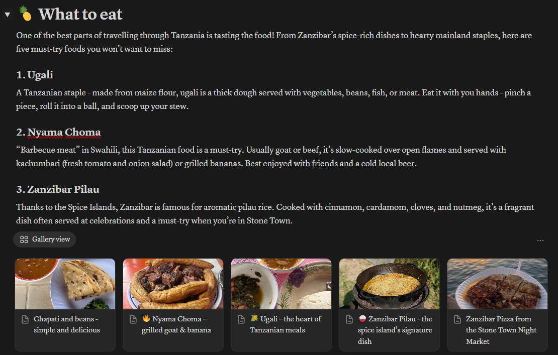 Text description of Tanzanian cuisine with images below on a black background