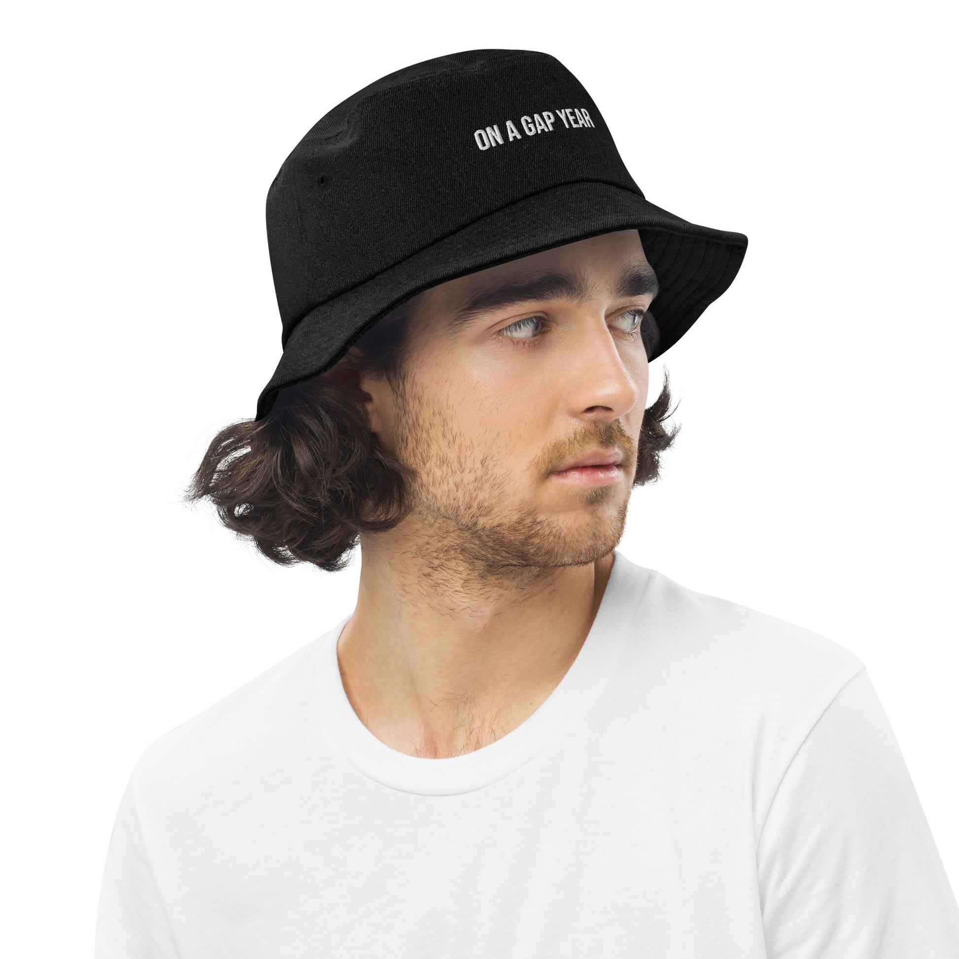 On A Gap Year Embroidered Denim Bucket Hat -  Travel Clothing