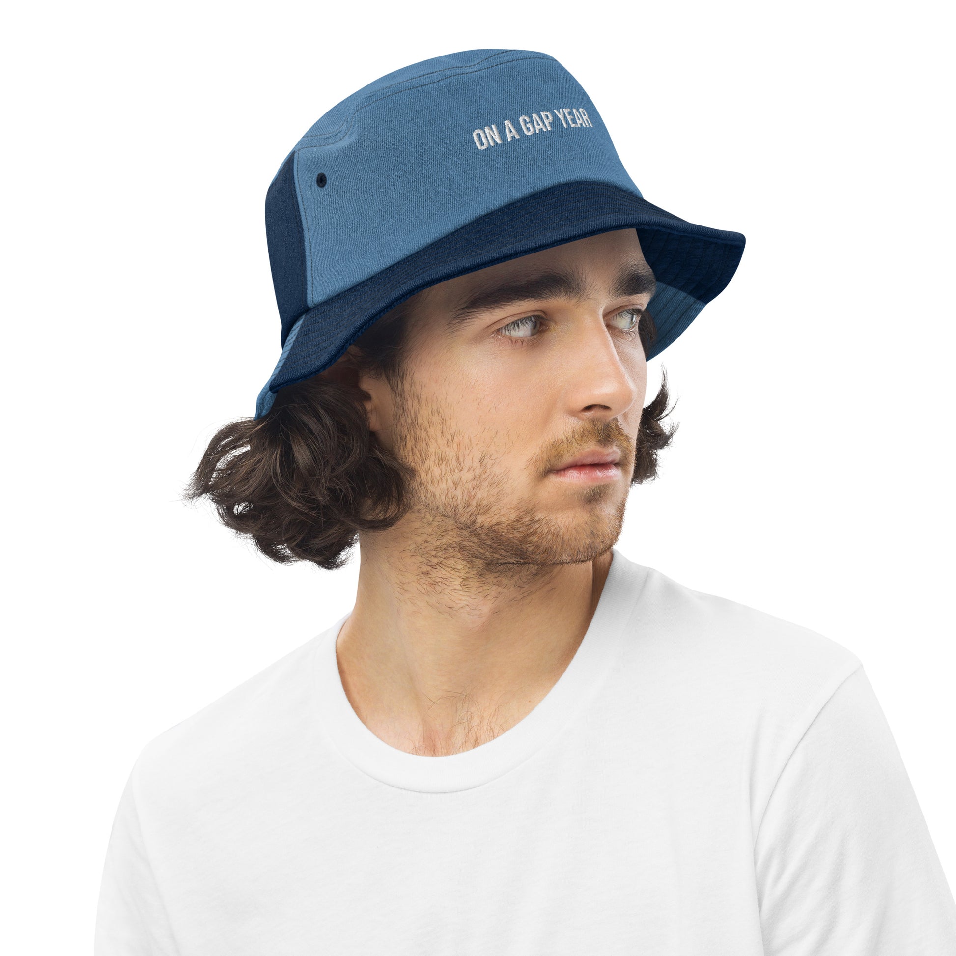On A Gap Year Embroidered Denim Bucket Hat -  Travel Clothing