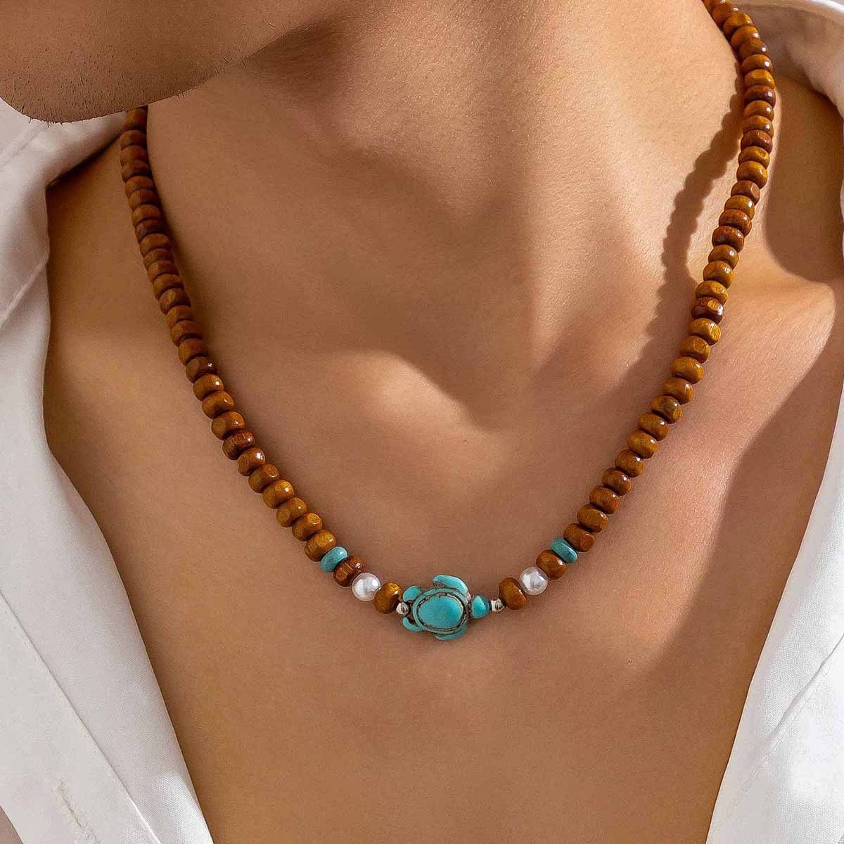 Surfer Turtle Bracelet & Necklace Set – Wooden Bead Jewellery | Travel-Inspired Gift for Sea Lovers & Beach Travellers - Travel gift