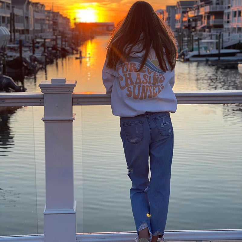 White Women’s Hoodie – Chasing Sunsets | Travel Hoodie & Gift for Women Travel Clothing