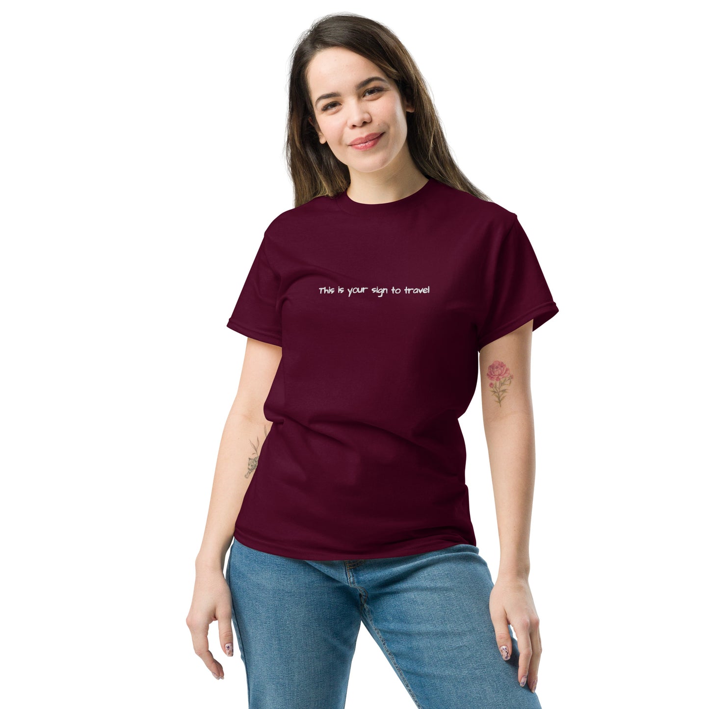 This is your sign to travel. T-shirt for travel enthusiasts. Maroon embroidered t-shirt for women. Travel gifts