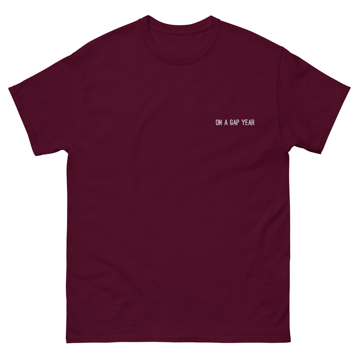 On a gap year t-shirt. Maroon t-shirt. Embroidered short sleeve tee for travel lovers.  Unique travel gifts. Travel clothing