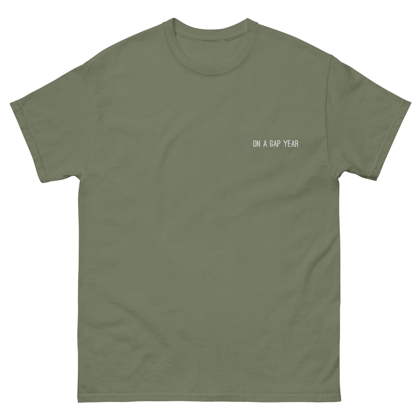 On a gap year t-shirt green.  Short sleeve tee for travel enthusiasts.  Unique travel gifts. Travel clothing