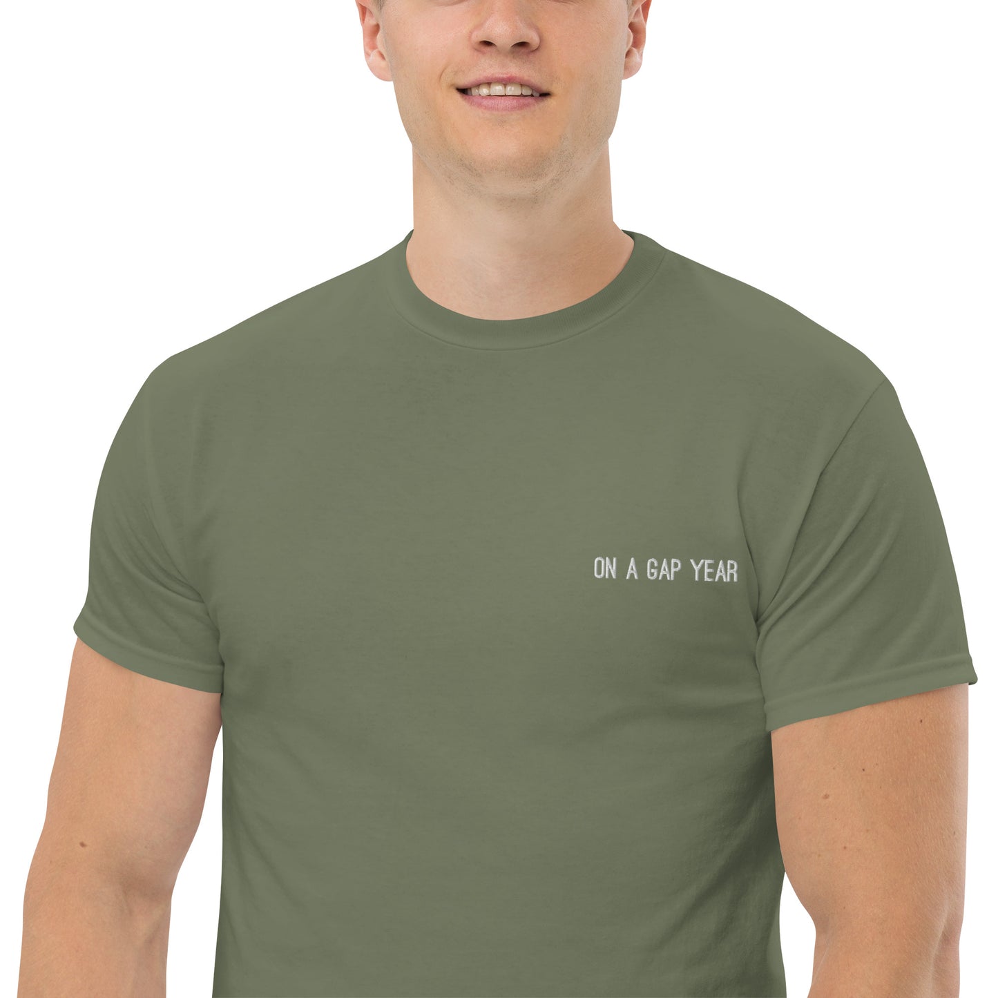 On a gap year t-shirt. Green t-shirt unisex. Embroidered short sleeve tee for travel lovers.  Unique travel gifts.