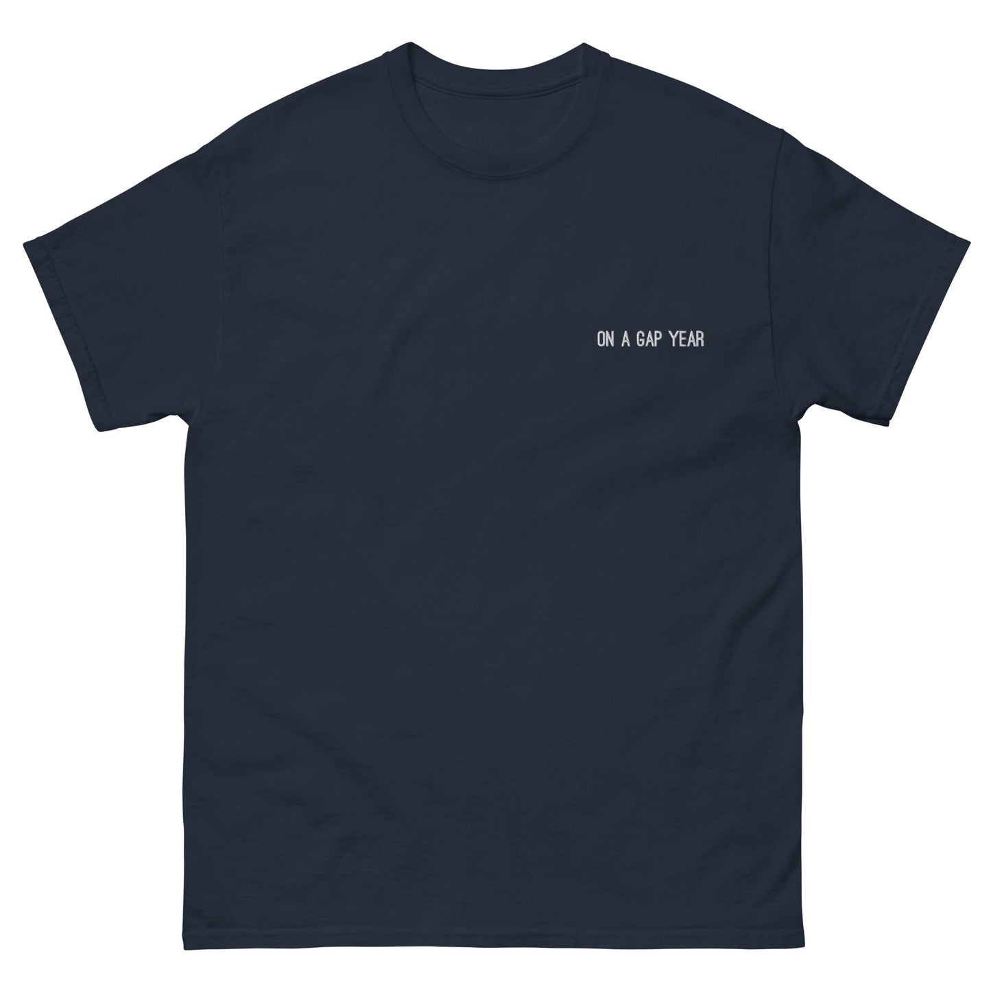 On a gap year t-shirt navy.  Short sleeve tee for travel enthusiasts.  Unique travel gifts. Travel clothing