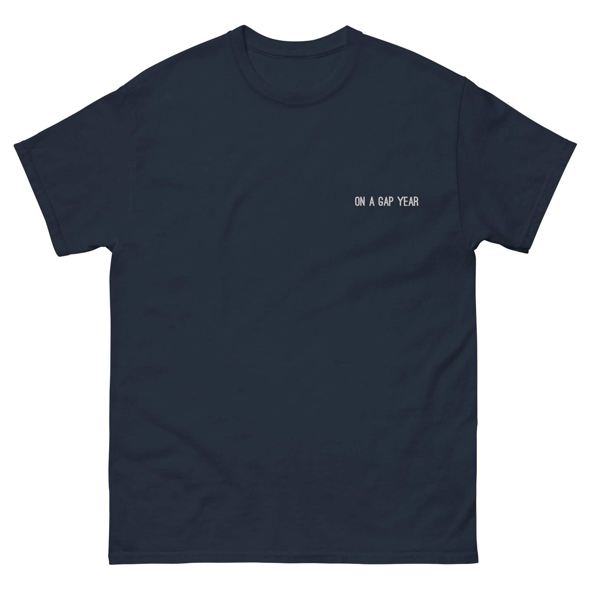 On a gap year t-shirt navy.  Short sleeve tee for travel enthusiasts.  Unique travel gifts. Travel clothing