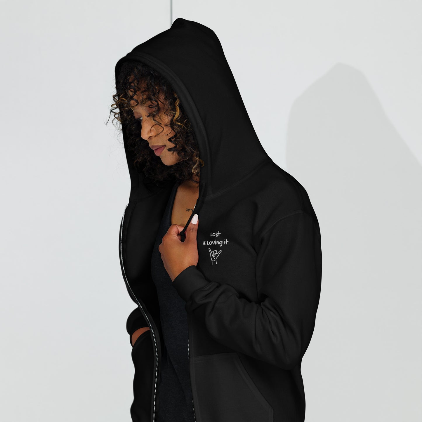 Lost and Loving it Embroidered Zip Up Hoodie – Blue or Black Hoodie | Mens Hoodie | Womens Hoodie - Travel Clothing
