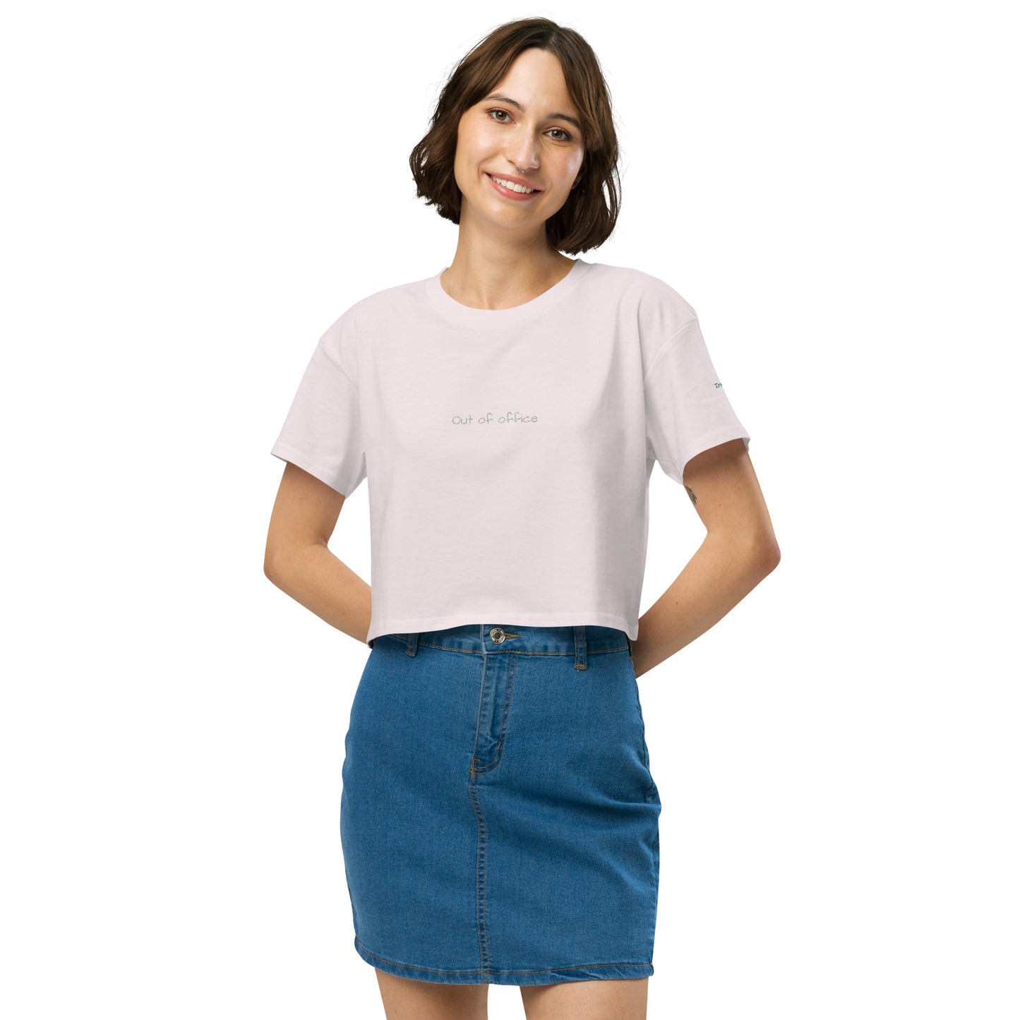 Women's crop top light pink. Embroidered out of office cropped t-shirt for travel enthusiasts. Travel inspired summer t-shirt. Unique travel gifts