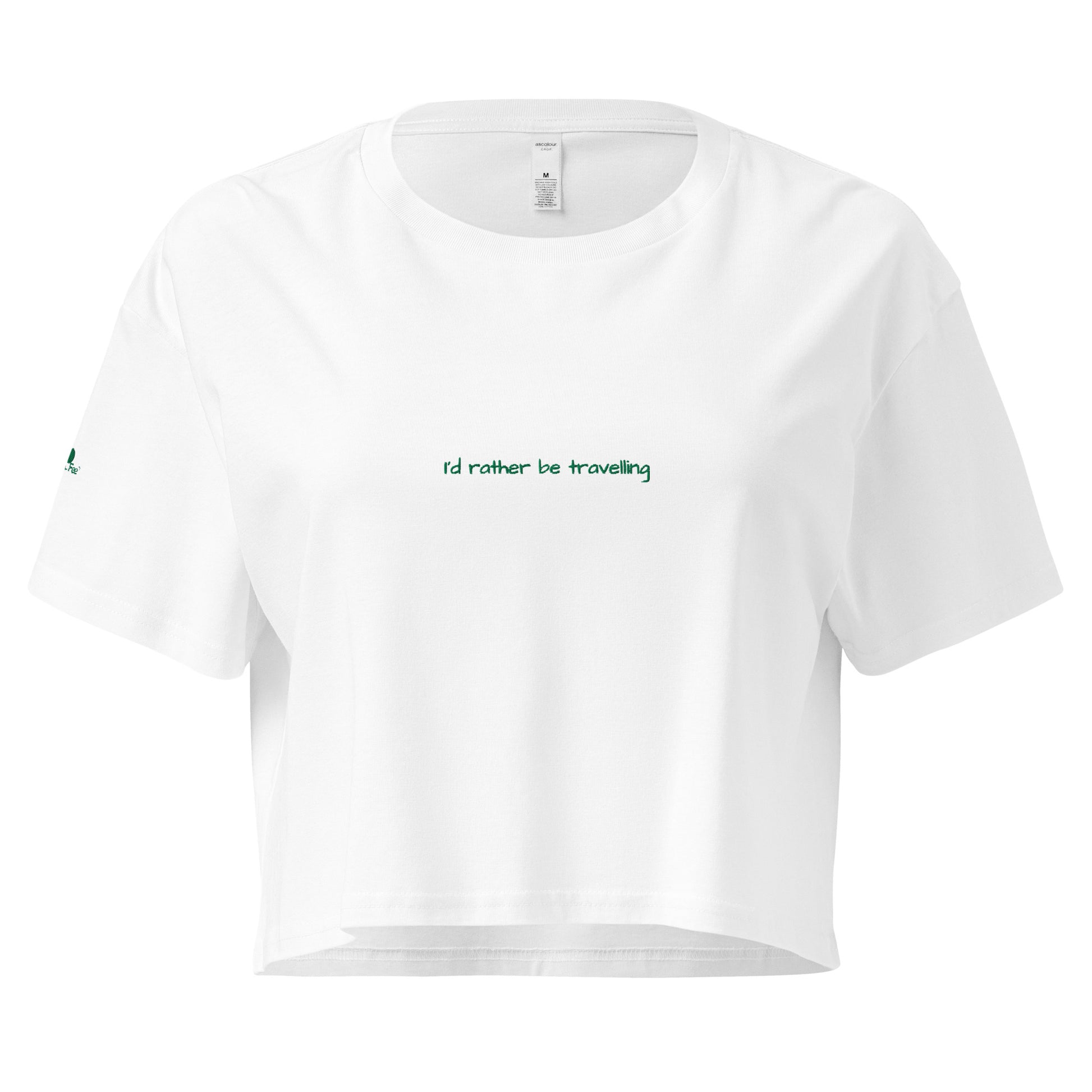 I'd rather be travelling. White crop top for women. Women's cropped t-shirt. Embroidered t-shirt. travel gifts