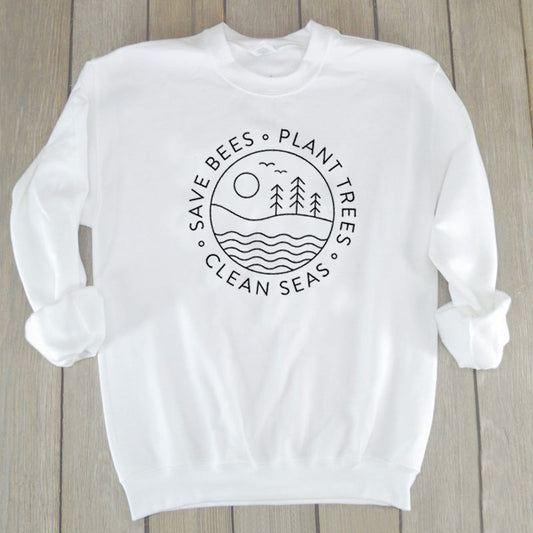 Long Sleeve Cotton Top Save Bees Plant Trees Clean Seas | Eco Travel Gift for Nature Lovers  Clothing and accessories