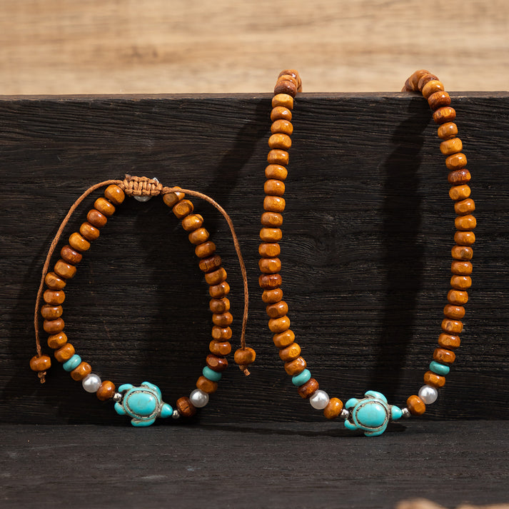 Wooden bead sea turtle necklace and bracelet for beach lovers