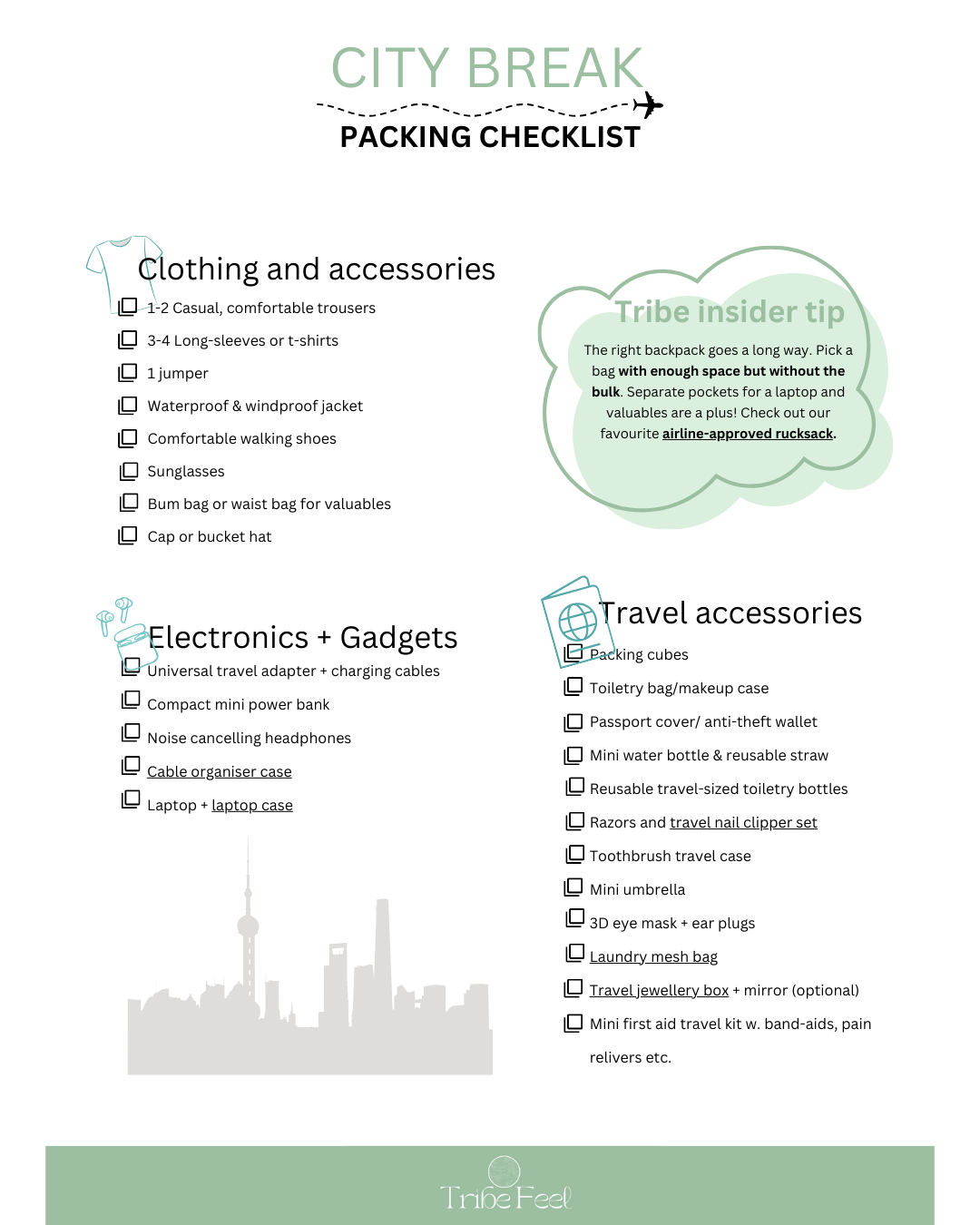 City Break Packing Checklist. List of clothing and accessories, electronics and gadgets and general travel accessories