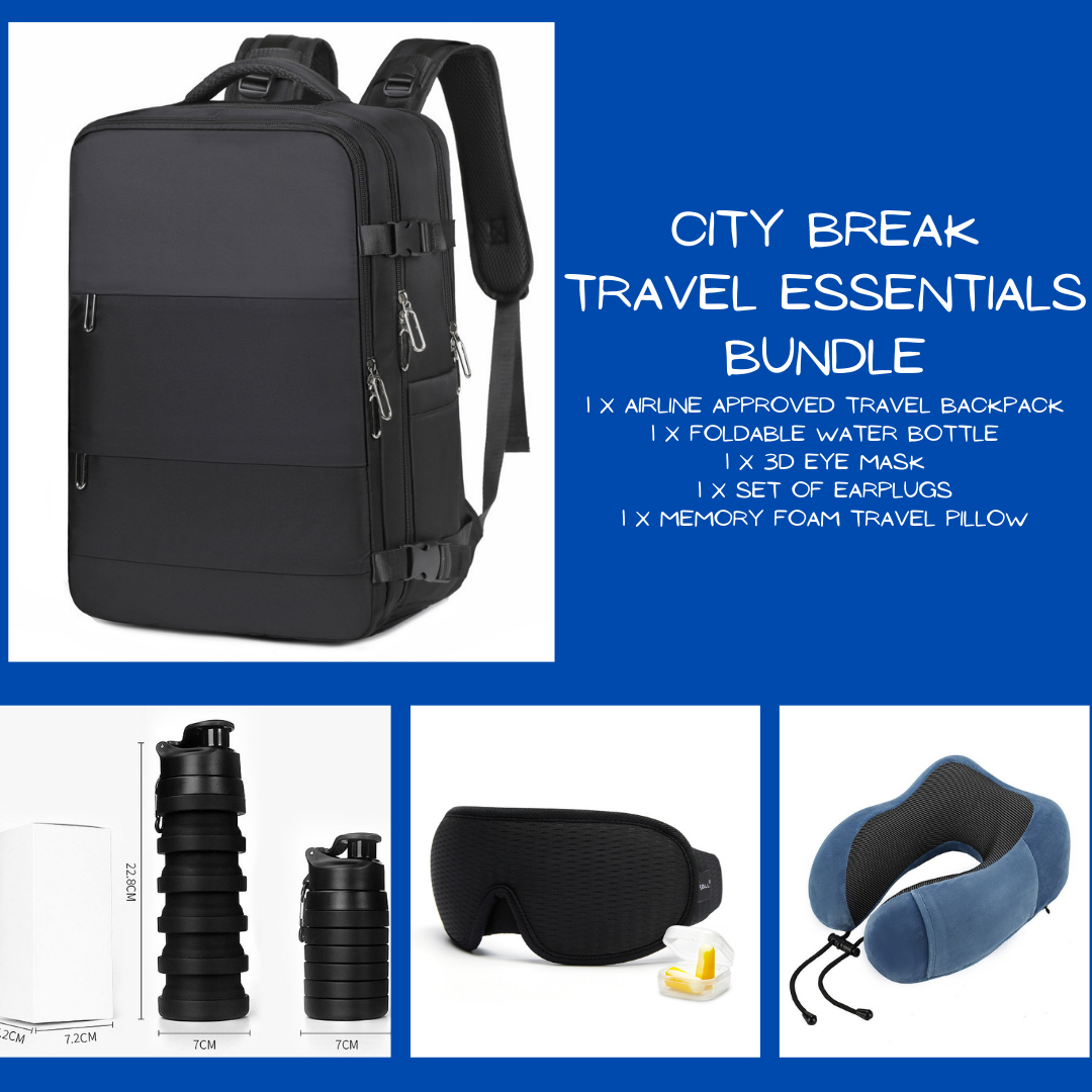 City Break Travel Essentials Bundle – Carry on Backpack, high quality travel accessories on a budget