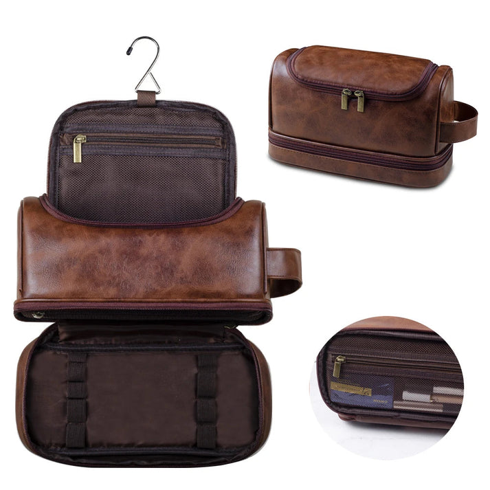 Premium leather-look hanging toiletry bag UK