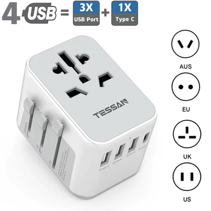 Universal Travel Adapter for UK travellers - Multi-device with USB and Type C ports  Travel Essentials