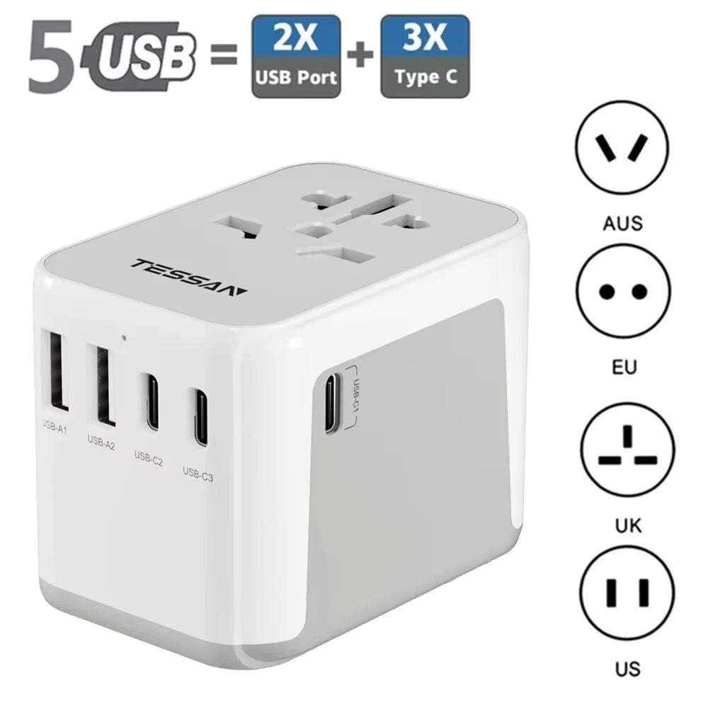 Universal Travel Adapter for UK travellers - Multi-device with USB and Type C ports  Travel Essentials