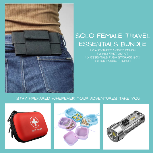 Solo female travel - travel essentials first aid kit, anti-theft, discreet case for necessities, mini torch