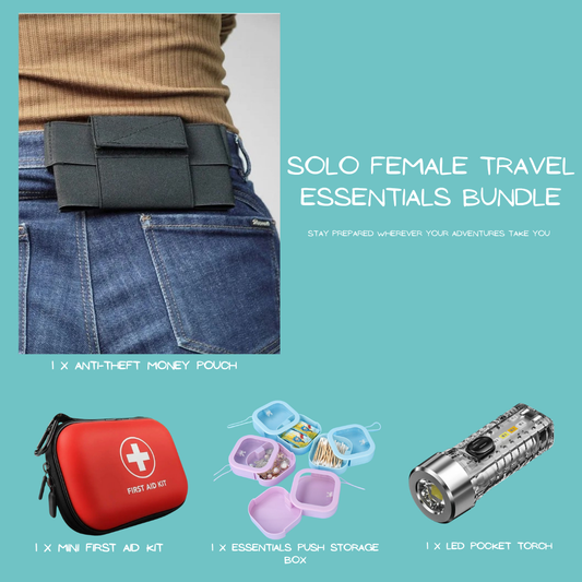 Solo female travel essentials bundle with anti-theft money pouch, first aid kit, push storage box, and LED pocket torch on a teal background.