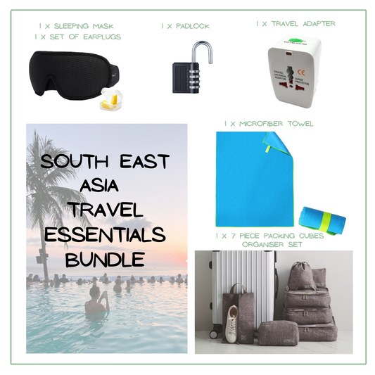 South East Asia travel essentials bundle with items listed and a scenic background. Hostel surviaval kit