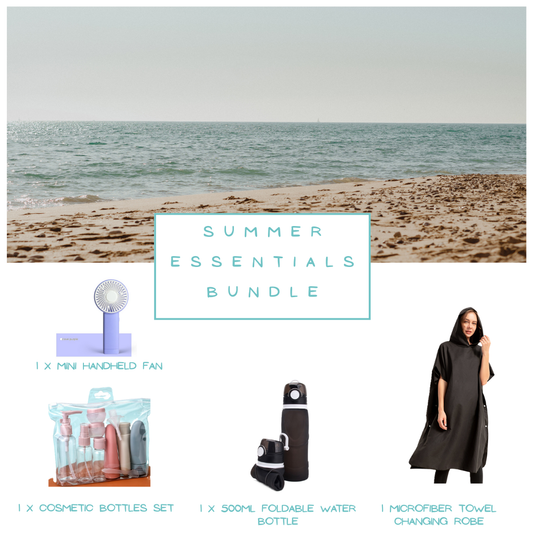 Summer essentials. Fan microfibre poncho, towel, reusable water bottle, refillable bottles