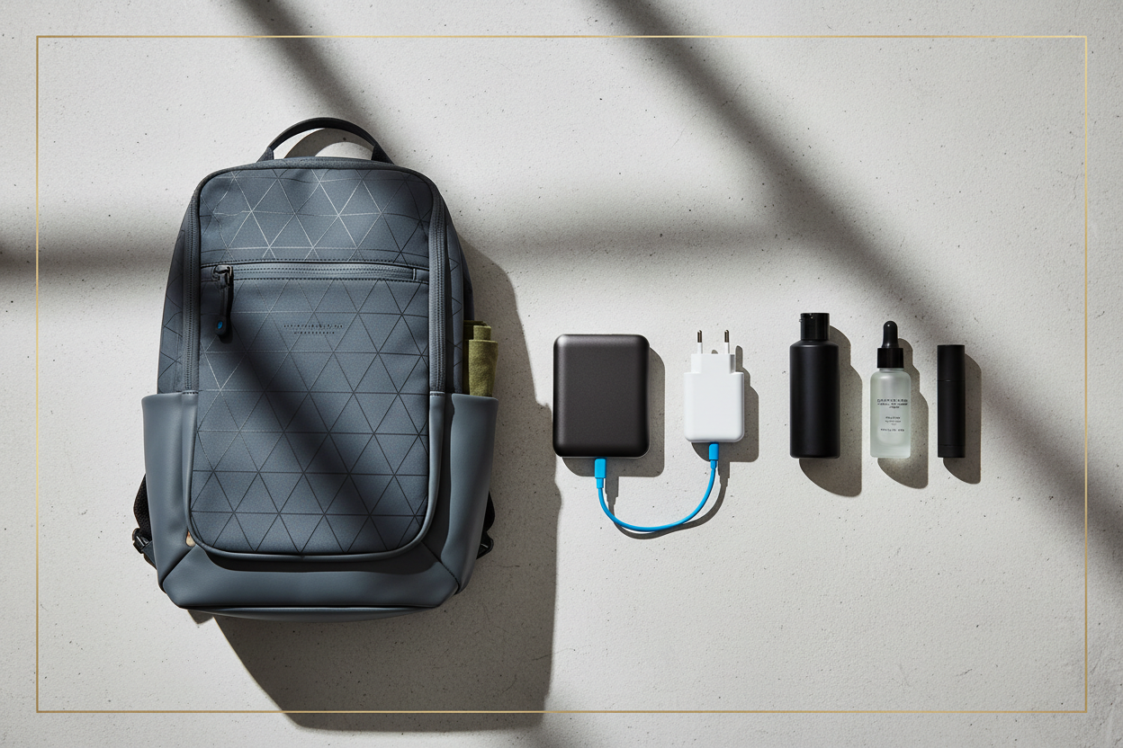 charger travel adapter backpack toiletries