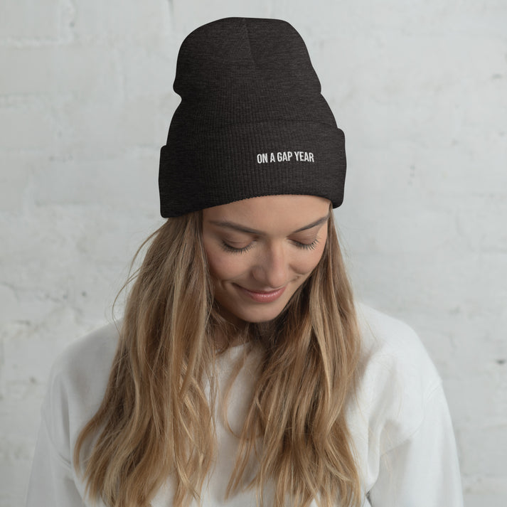 On A Gap Year beanie hat back view, beanie hat for airport outfit