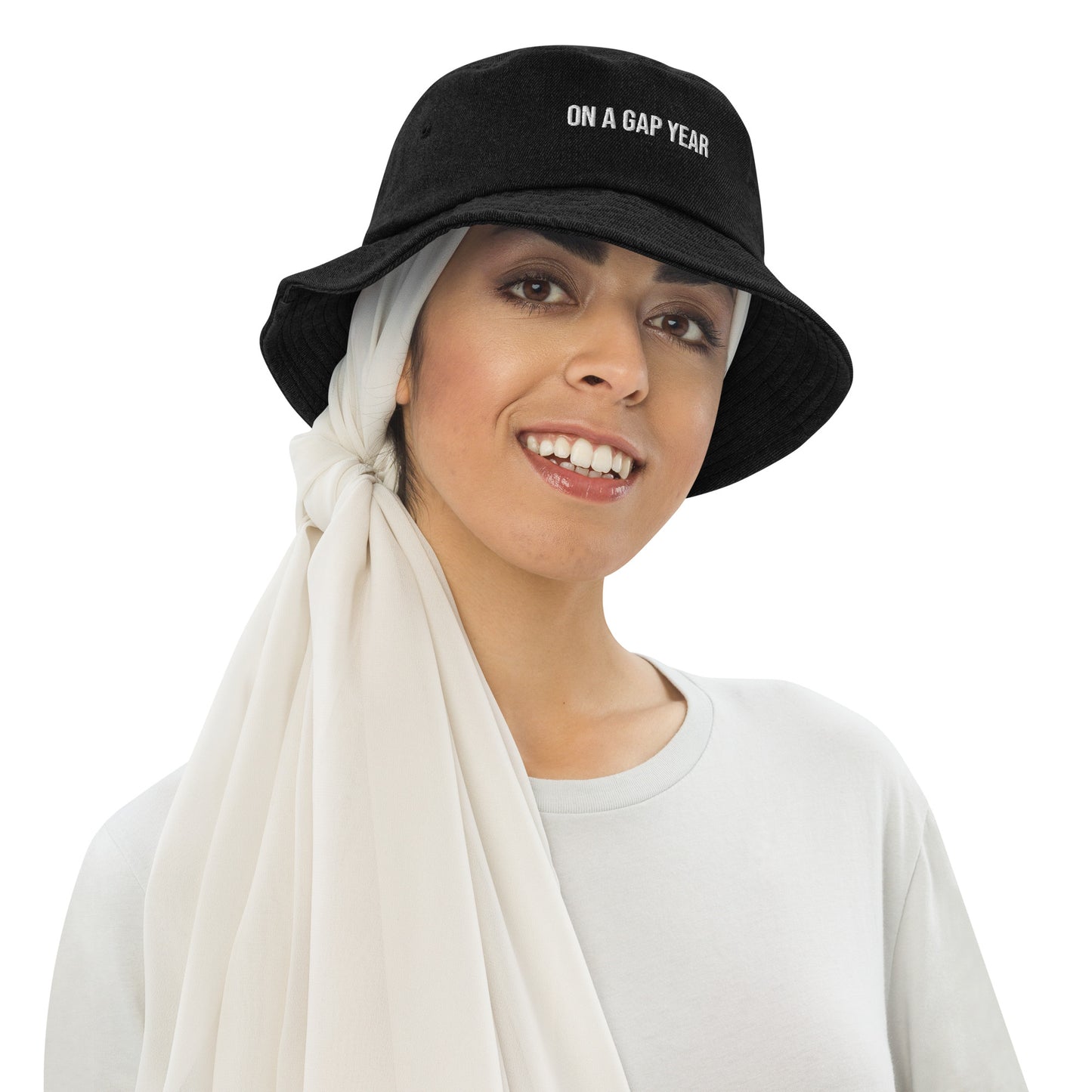 On A Gap Year Embroidered Denim Bucket Hat -  Travel Clothing
