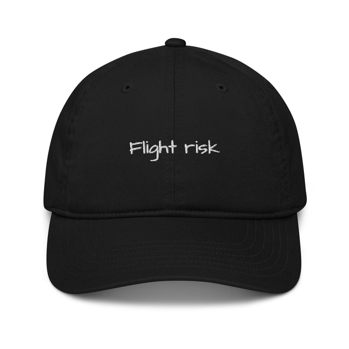 Flight Risk cap front view, black cap for airport outfit