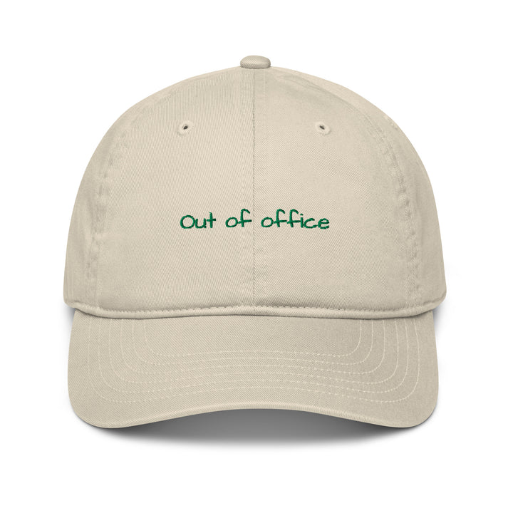 Out of Office classic organic cotton hat front view, womens hat for travel