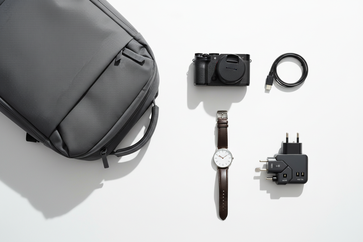 packing modern backpack, camera, watch, travel adapter