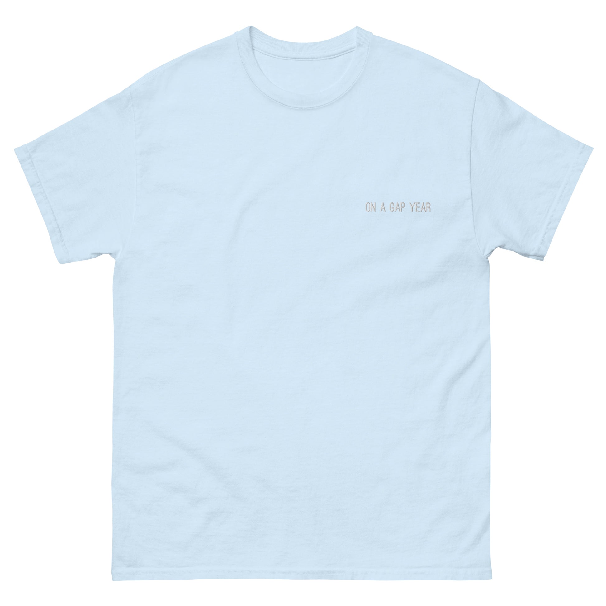 On a gap year t-shirt light blue.  Short sleeve tee for travel enthusiasts.  Unique travel gifts. Travel clothing