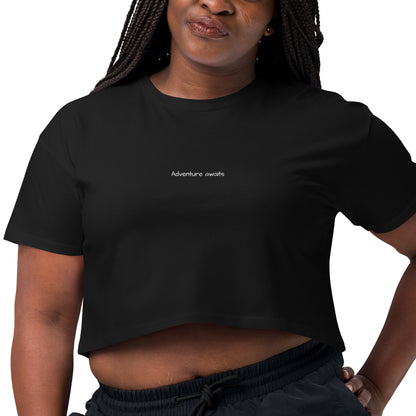 Adventure awaits. Cropped tshirt black embroidered tee. T-shirt for women. unique travel gifts