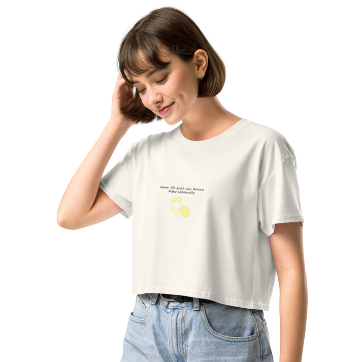 Lemons crop top back view, womens crop top for travel