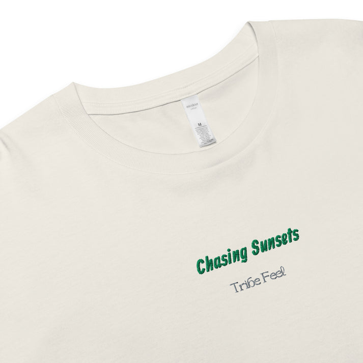 chasing sunsets white crop top front view, womens crop top