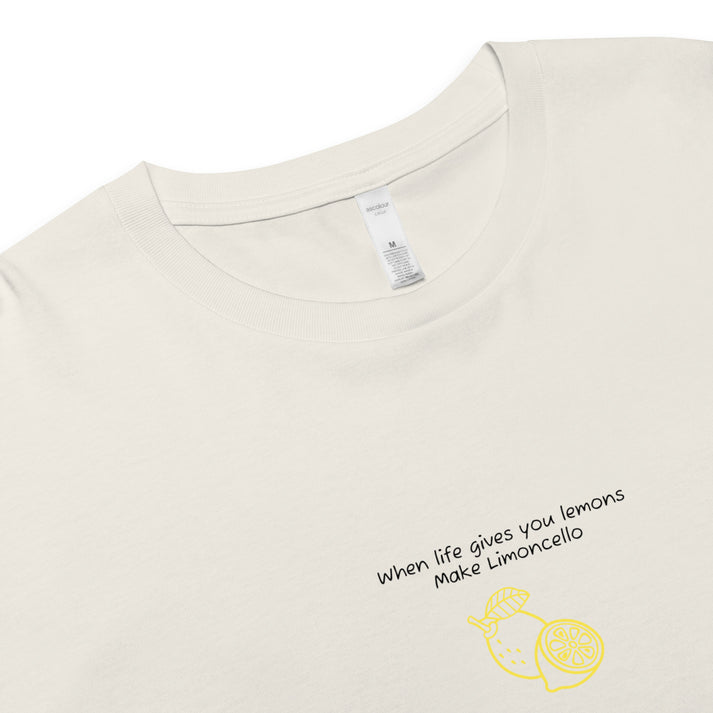 Lemons crop top front view, travel inspired crop top shirt