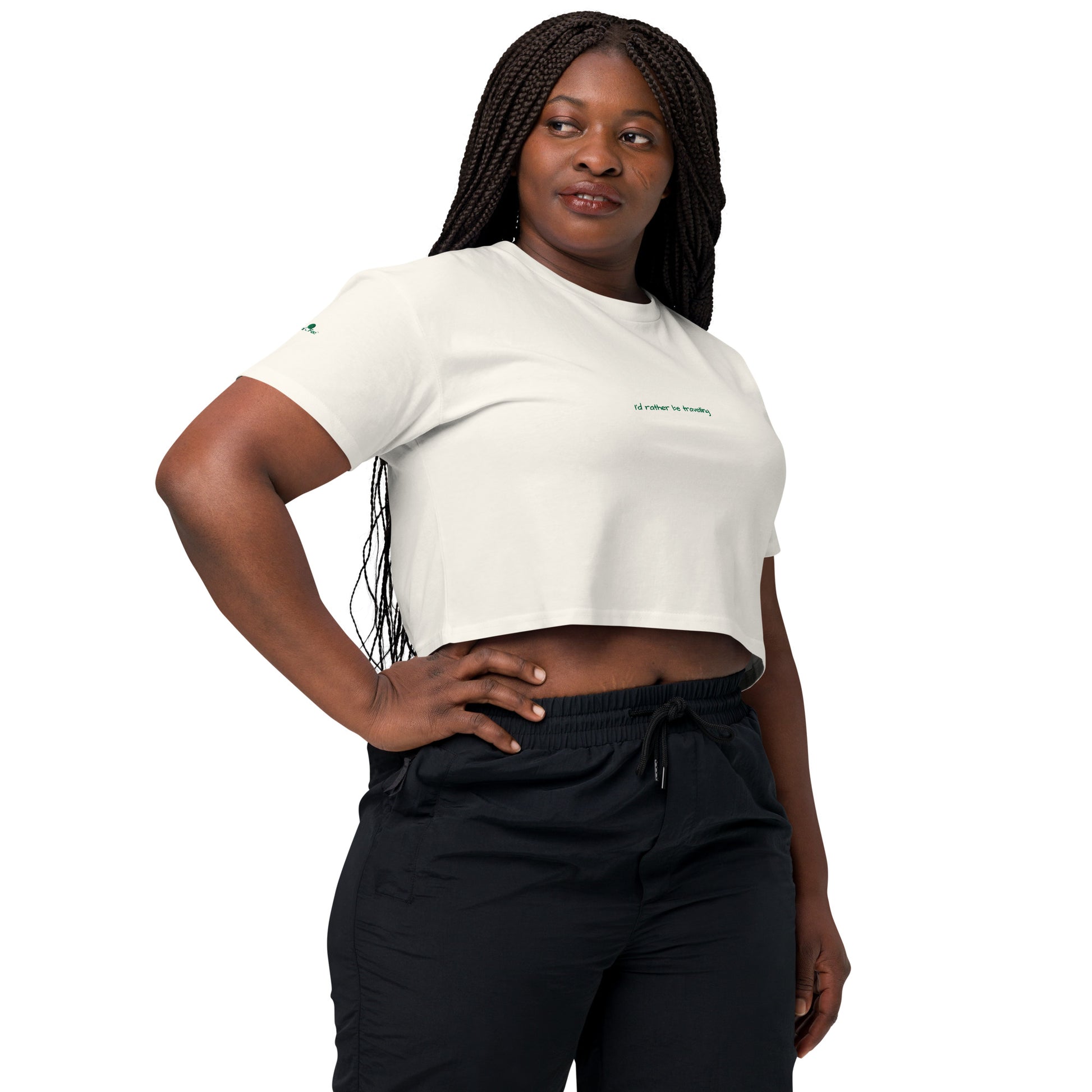 I'd rather be travelling women's cotton crop top. Embroidered t-shirt. Cropped t-shirt for women. Ecru t-shirt women. 