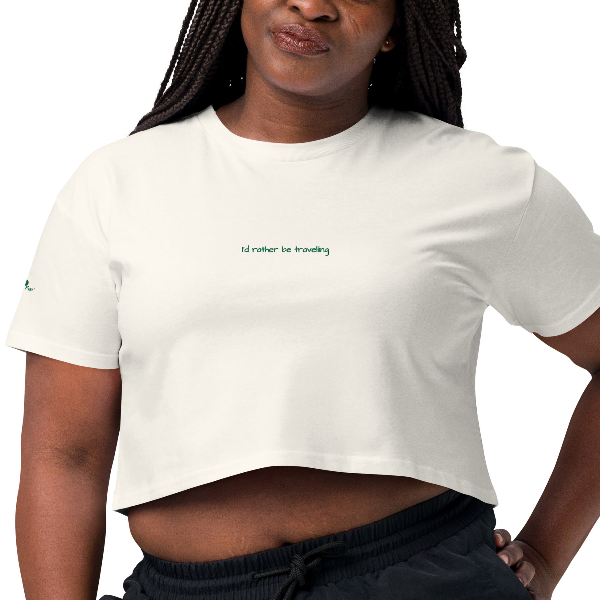 I'd rather be travelling. White crop top for women. Women's cropped t-shirt. Embroidered t-shirt. travel gifts