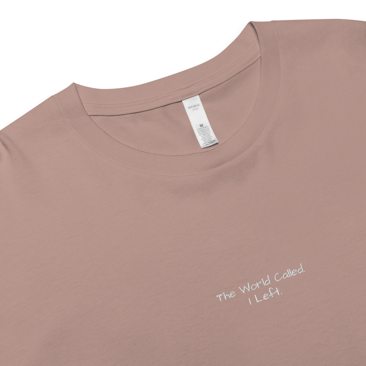 The World Called I Left crop top front view, travel inspired crop top