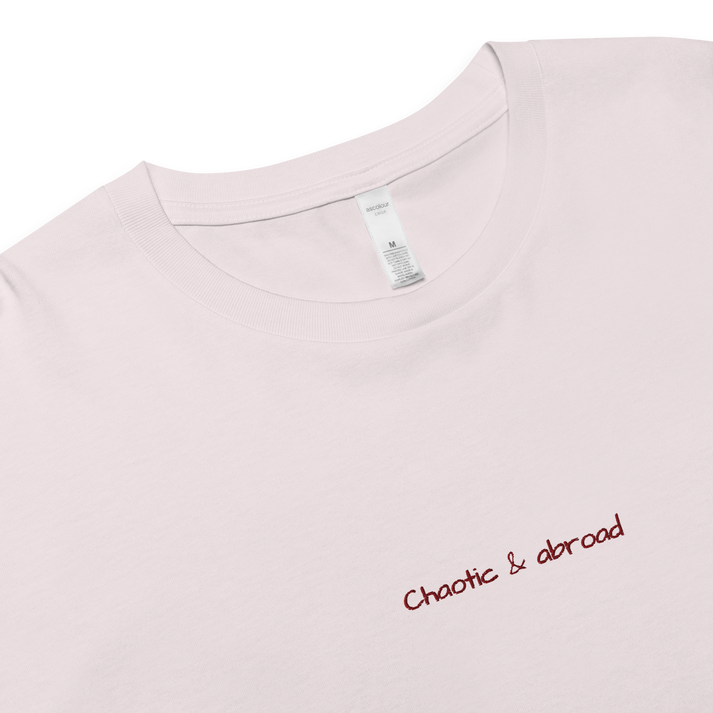 Chaotic and Abroad crop top front view, womens travel clothes