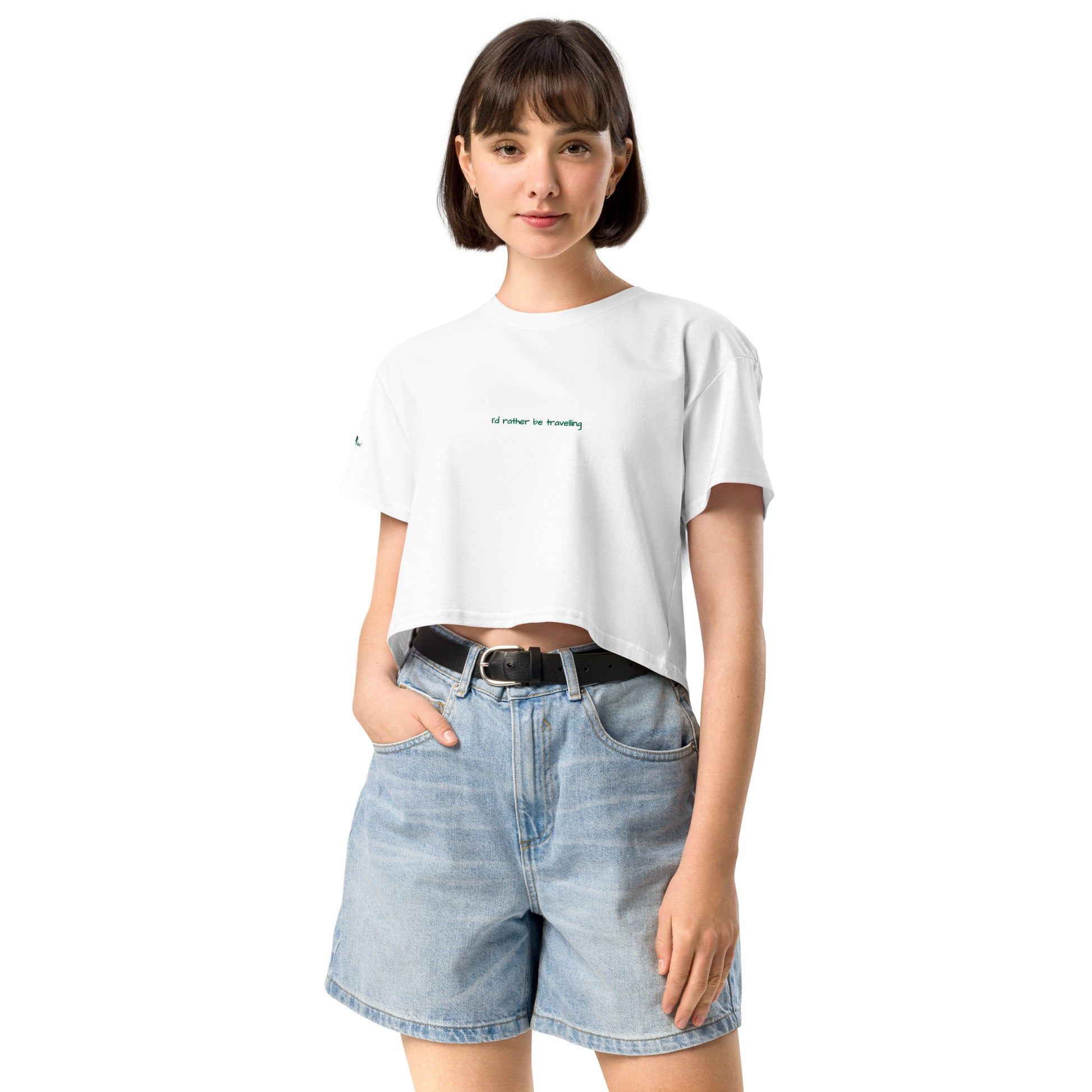 I'd rather be travelling. White crop top for women. Women's cropped t-shirt. Embroidered t-shirt. travel gifts